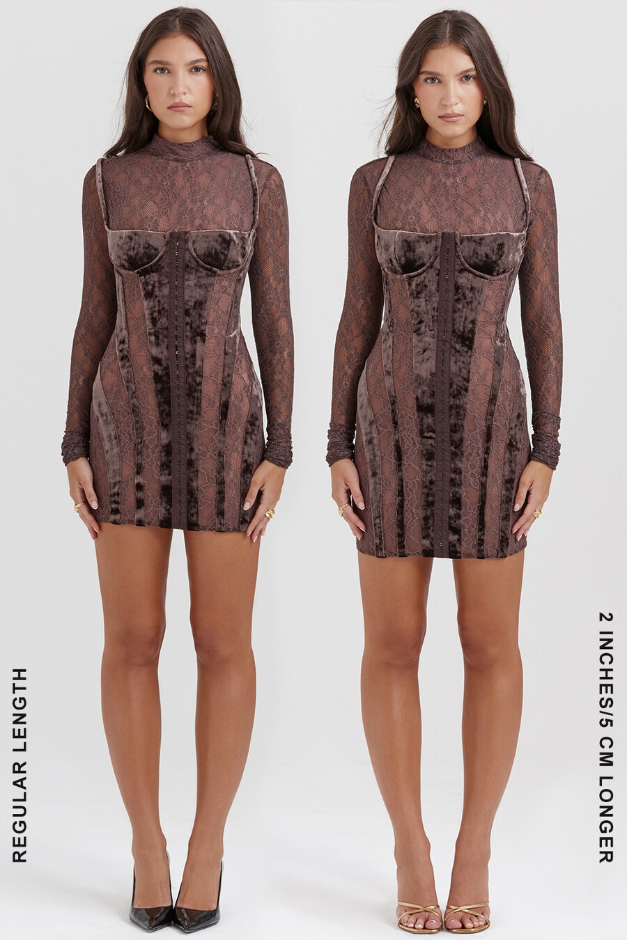 abito corsetto in velluto marrone e pizzo