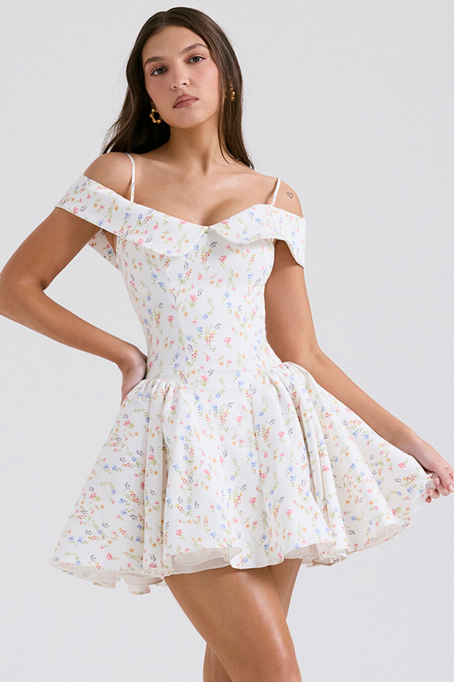 mini abito con corsetto e stampa posy bianca