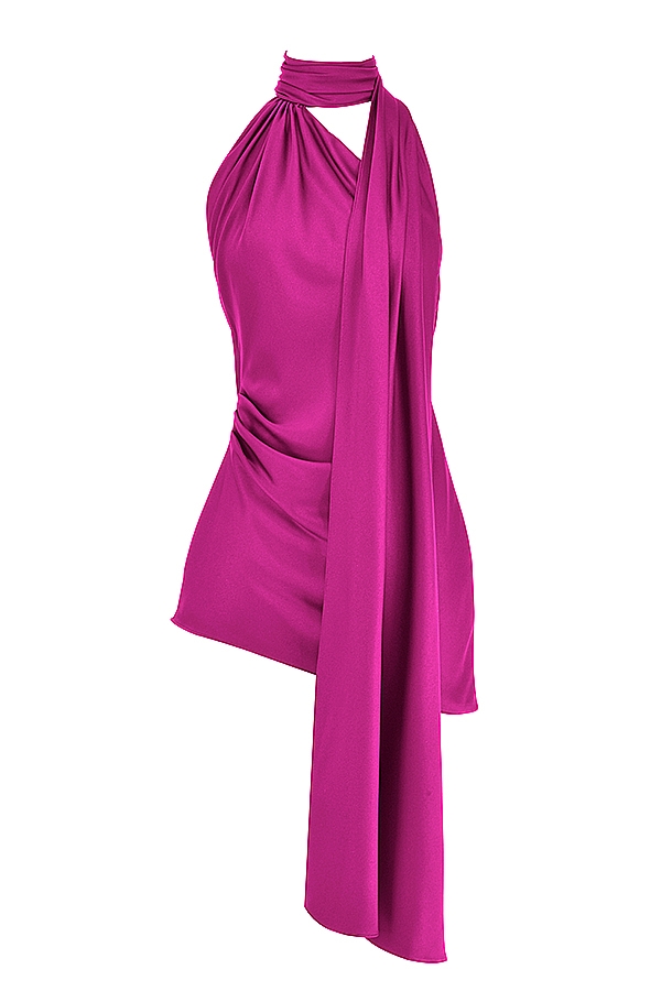 abito asimmetrico rosa shocking con scollo a v