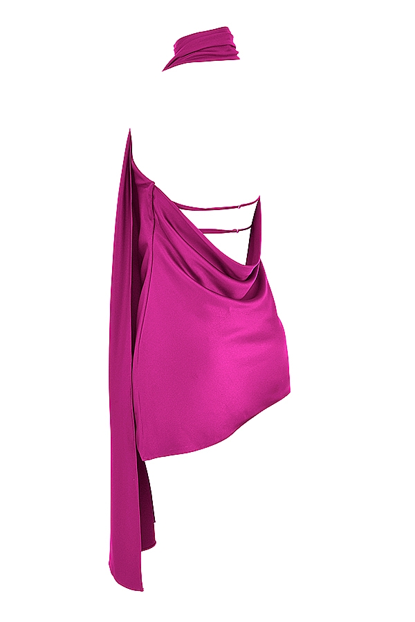 abito asimmetrico rosa shocking con scollo a v