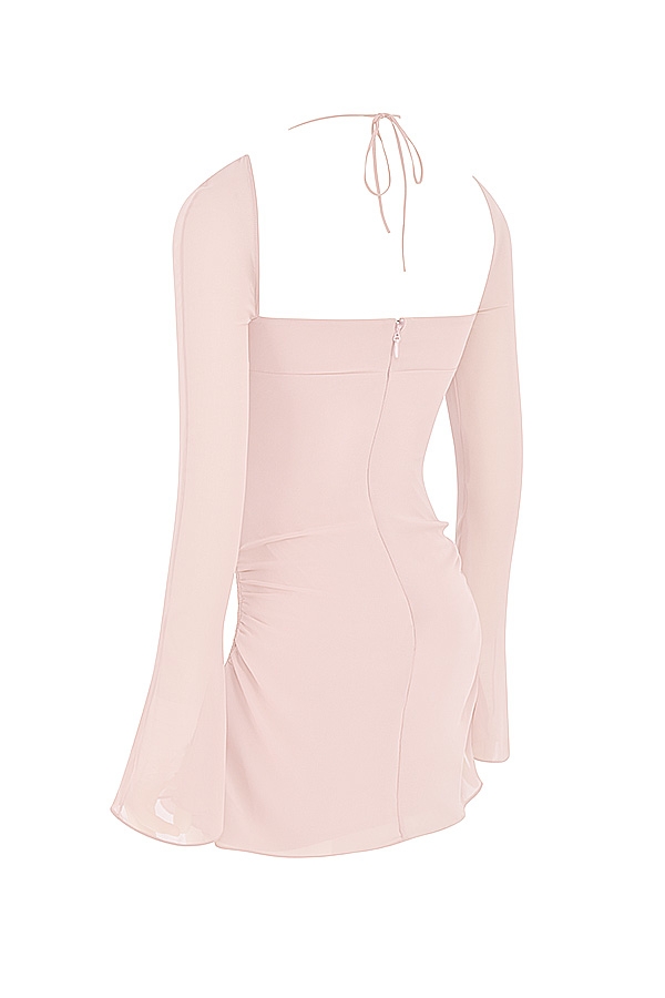 mini abito con scollo allamericana e in chiffon rosa quarzo