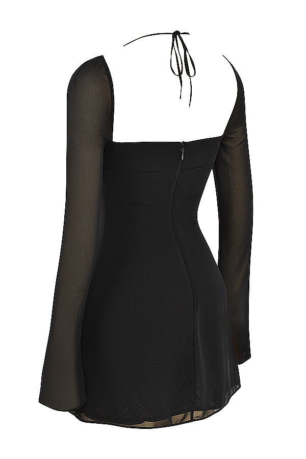 mini abito nero in chiffon con scollo allamericana