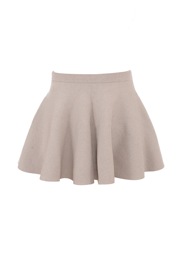 minigonna a balze a coste in lana e cashmere color biscotto