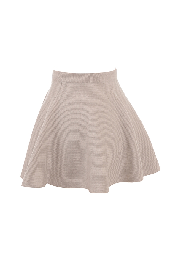 minigonna a balze a coste in lana e cashmere color biscotto