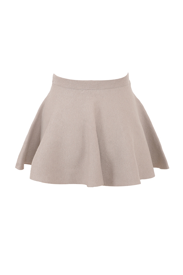 minigonna a balze a coste in lana e cashmere color biscotto