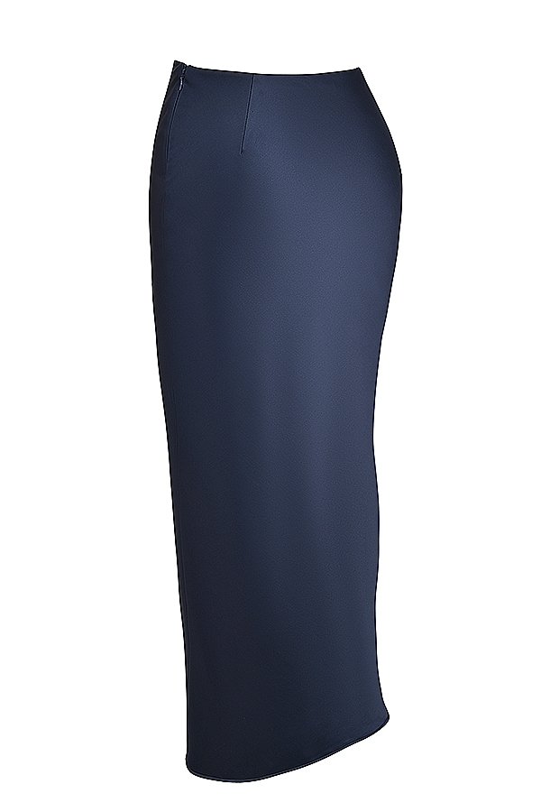 gonna lunga in raso blu navy con taglio sbieco