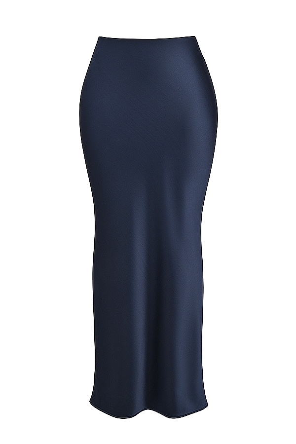 gonna lunga in raso blu navy con taglio sbieco