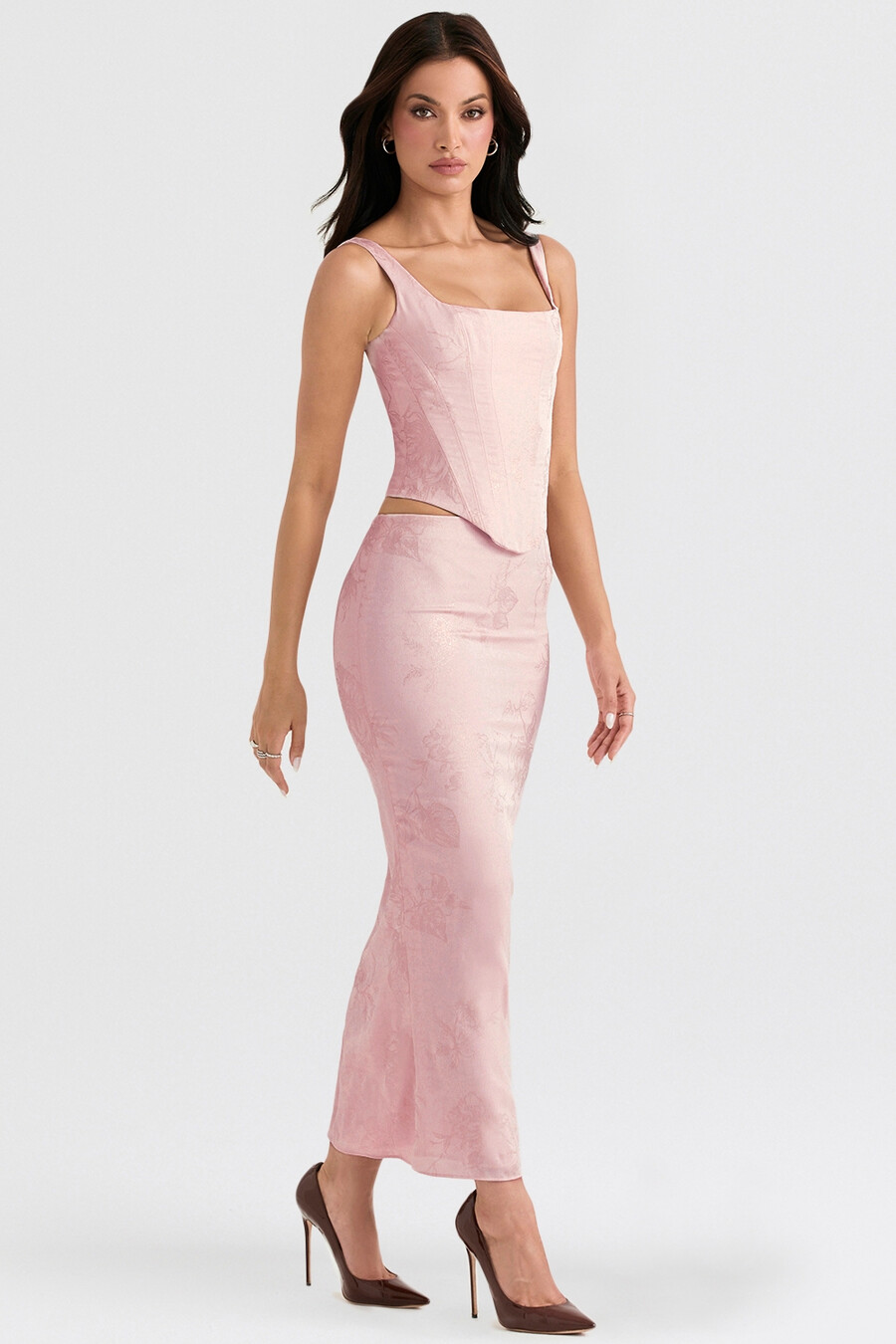 gonna midi in raso floreale metallizzato rosa