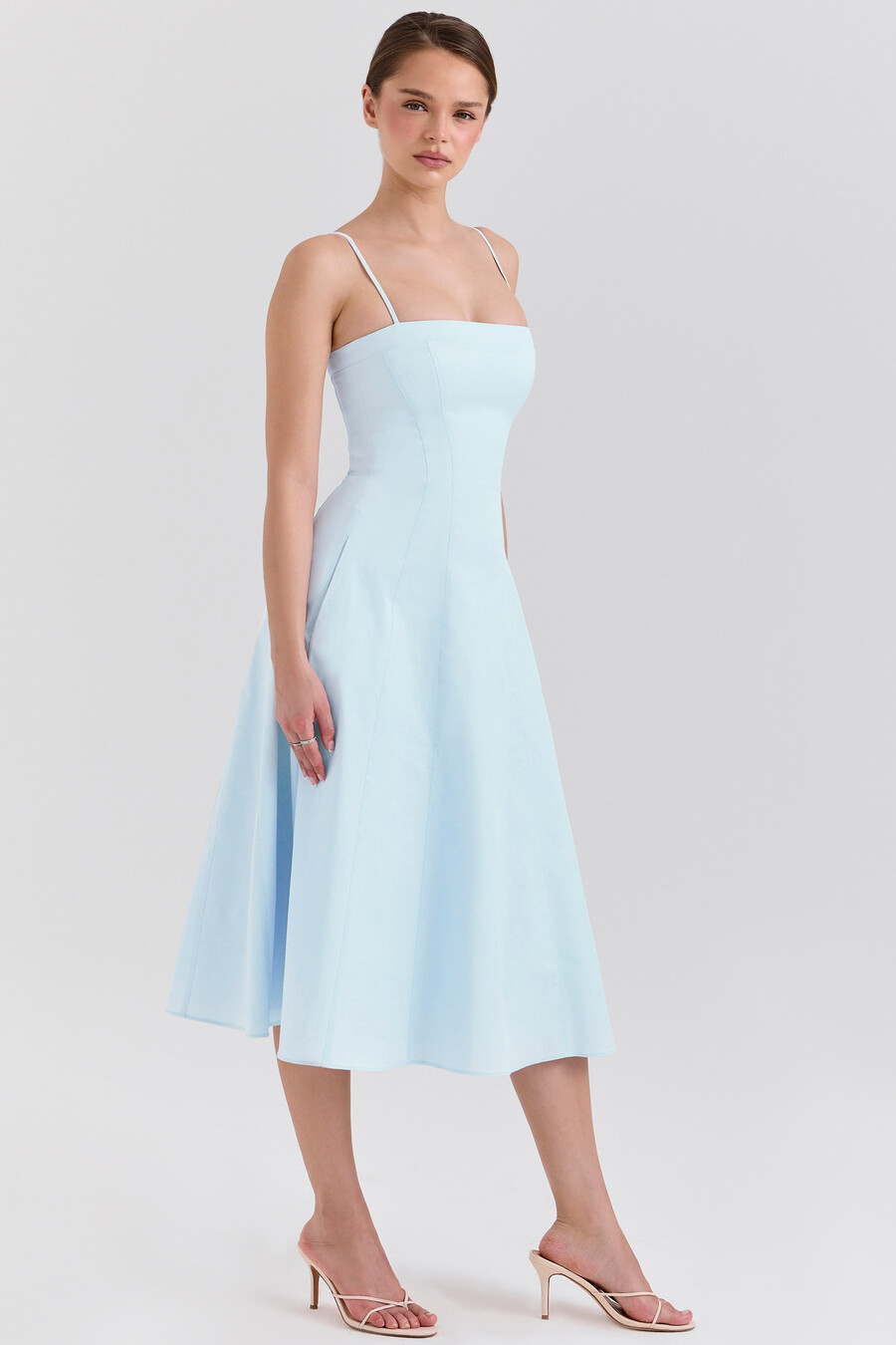 abito estivo midi a trapezio in cotone elasticizzato blu morbido
