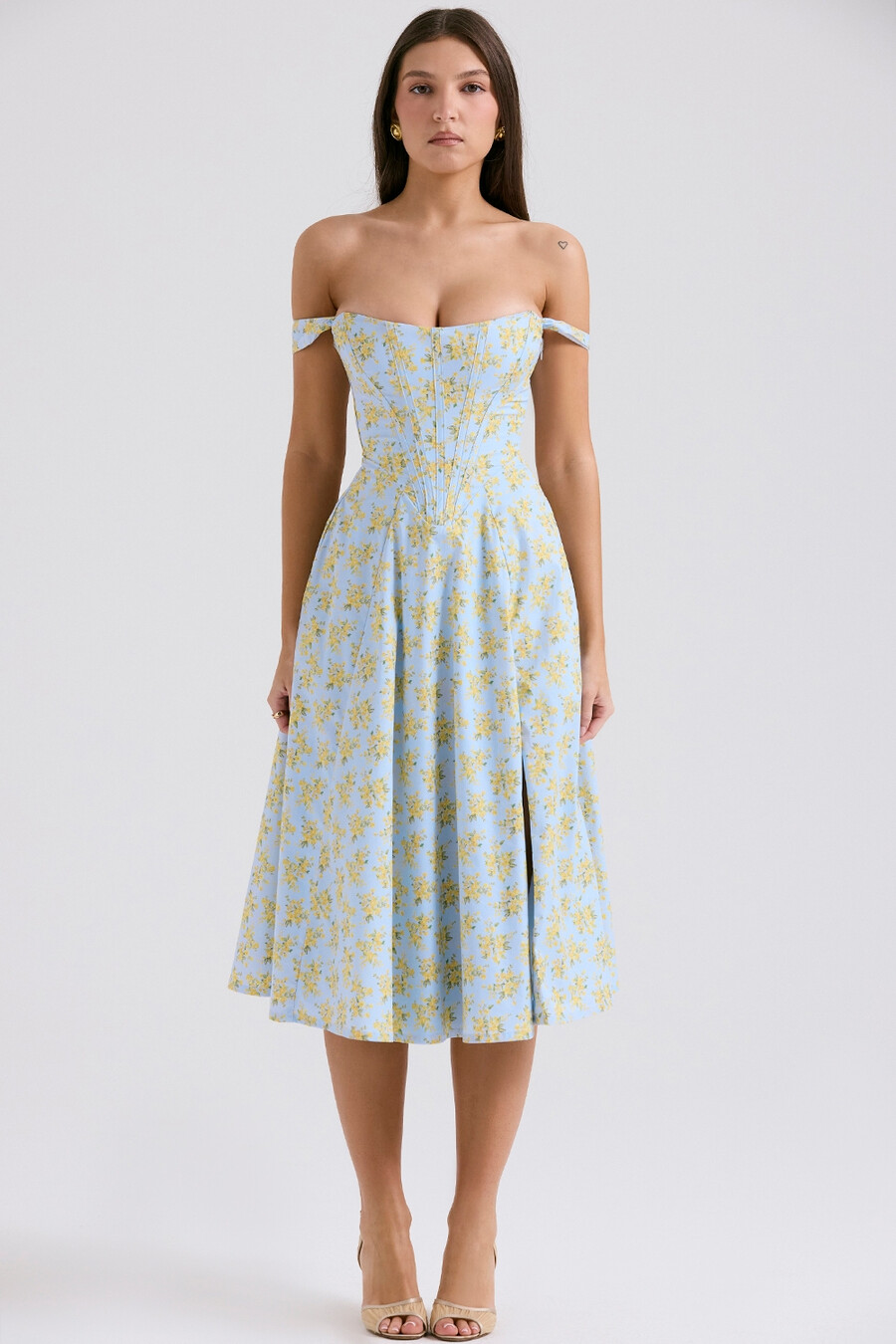 abito estivo midi in cotone con stampa floreale vintage blu tenue