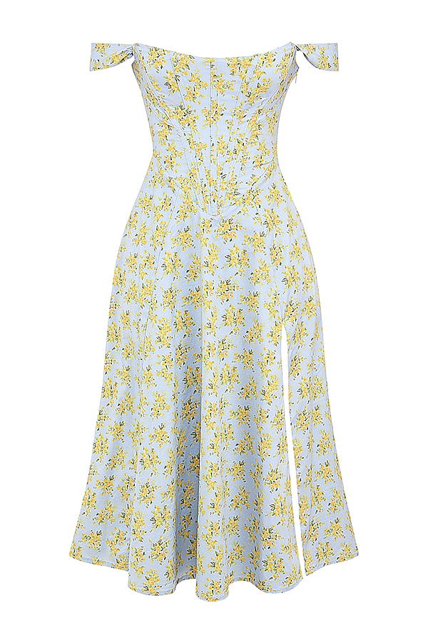 abito estivo midi in cotone con stampa floreale vintage blu tenue