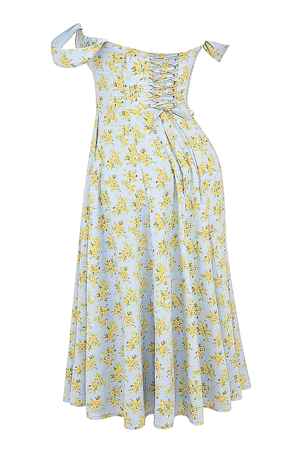 abito estivo midi in cotone con stampa floreale vintage blu tenue