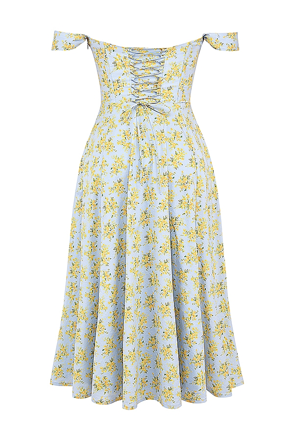 abito estivo midi in cotone con stampa floreale vintage blu tenue