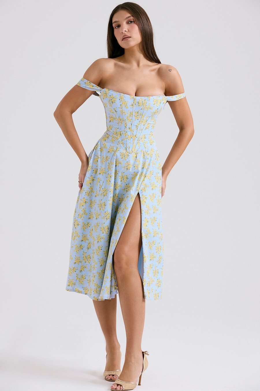 abito estivo midi in cotone con stampa floreale vintage blu tenue