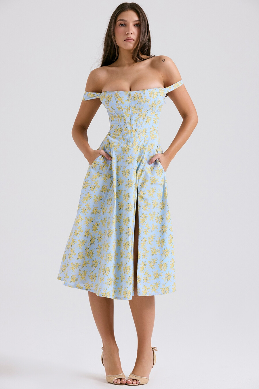 abito estivo midi in cotone con stampa floreale vintage blu tenue