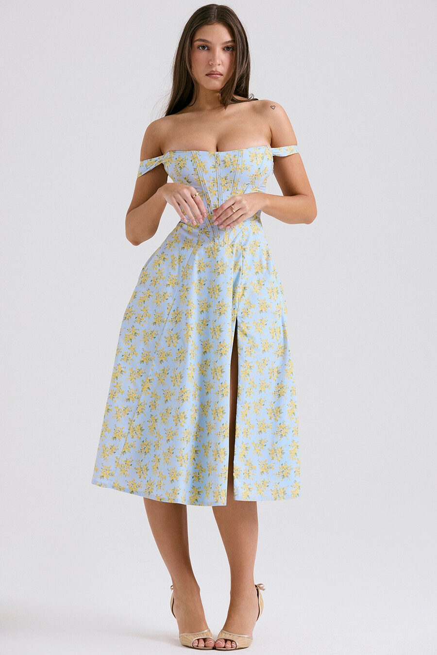 abito estivo midi in cotone con stampa floreale vintage blu tenue