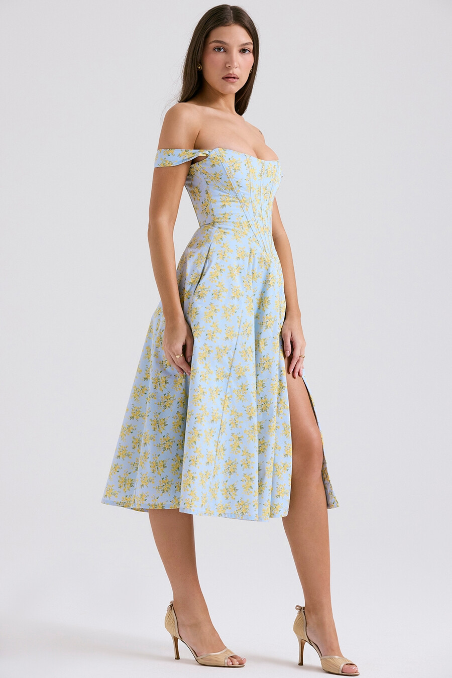 abito estivo midi in cotone con stampa floreale vintage blu tenue