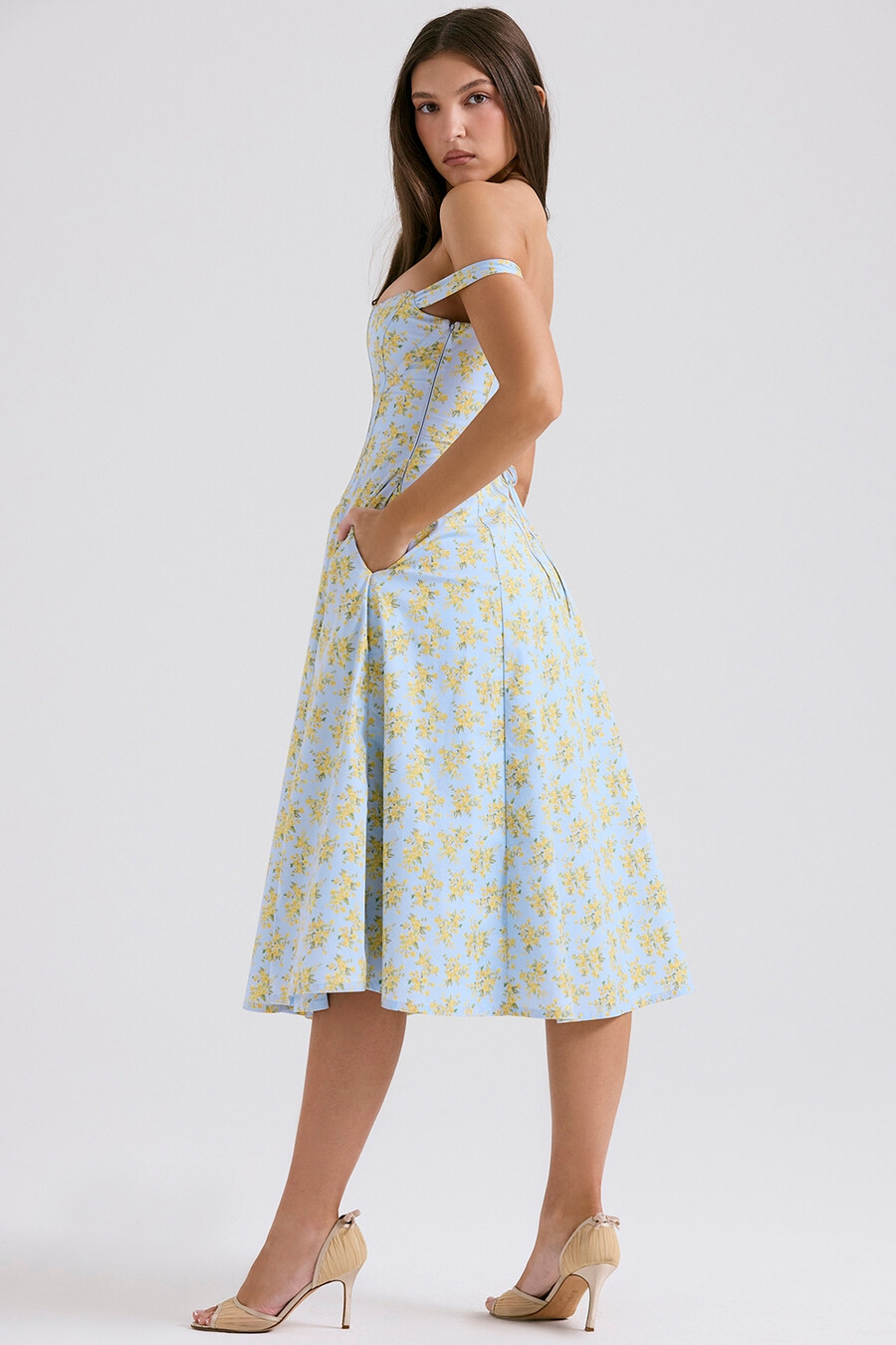 abito estivo midi in cotone con stampa floreale vintage blu tenue
