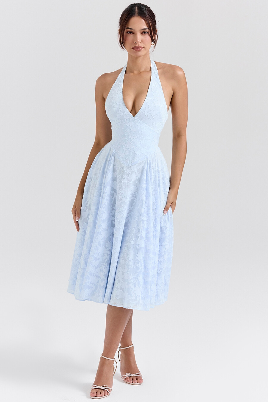abito midi con scollo allamericana in jacquard floreale bluebell