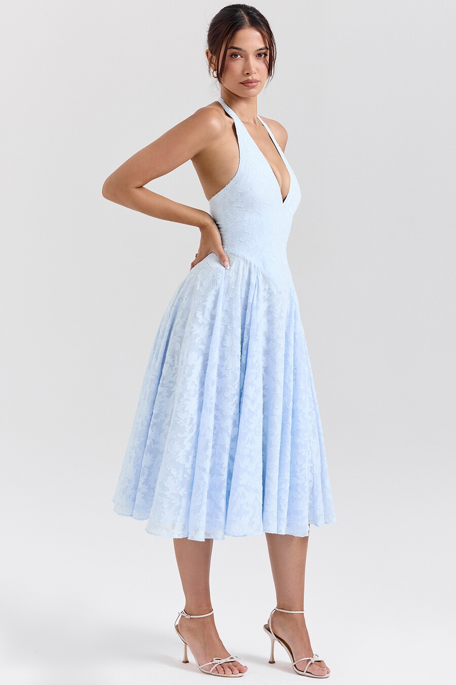 abito midi con scollo allamericana in jacquard floreale bluebell