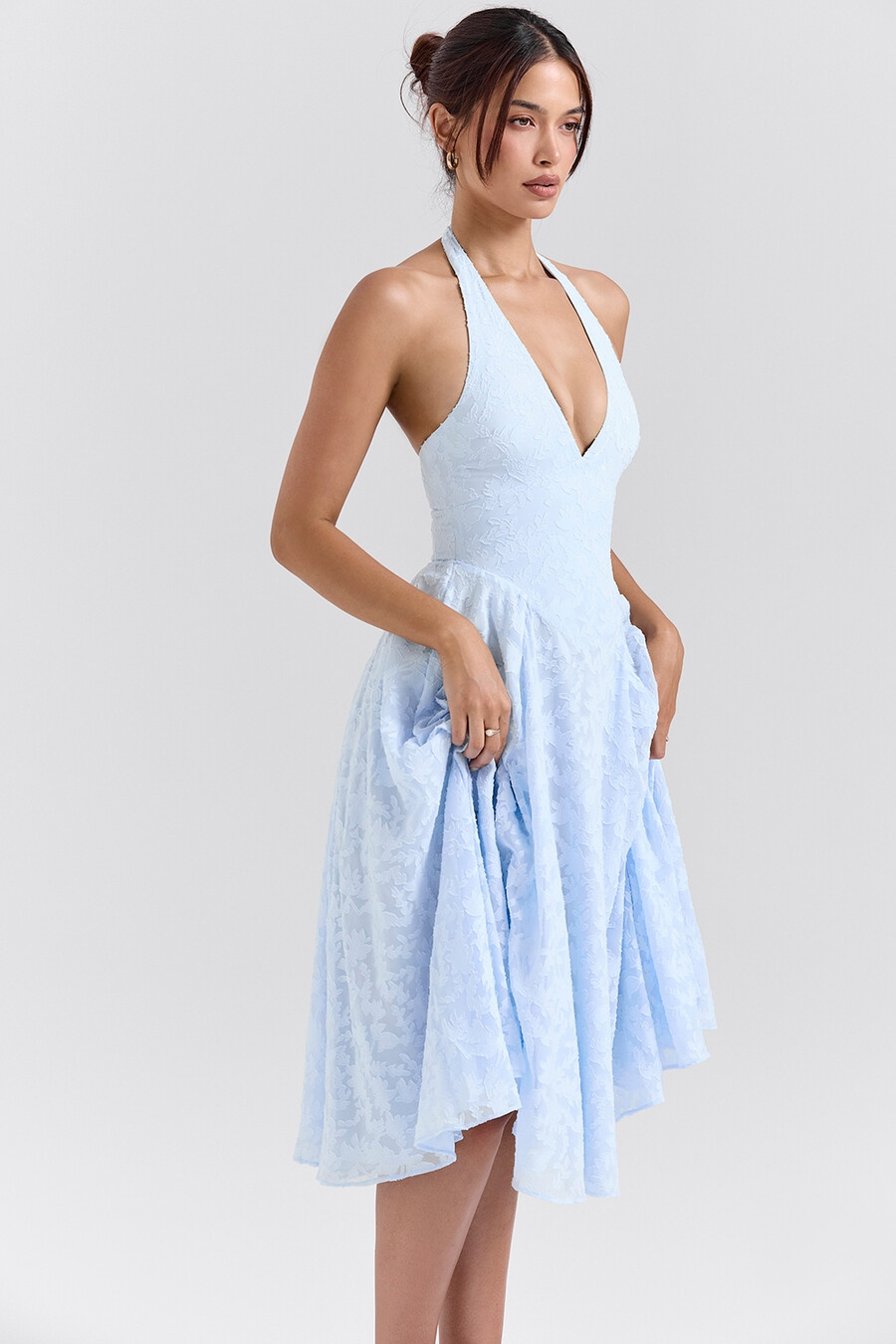 abito midi con scollo allamericana in jacquard floreale bluebell
