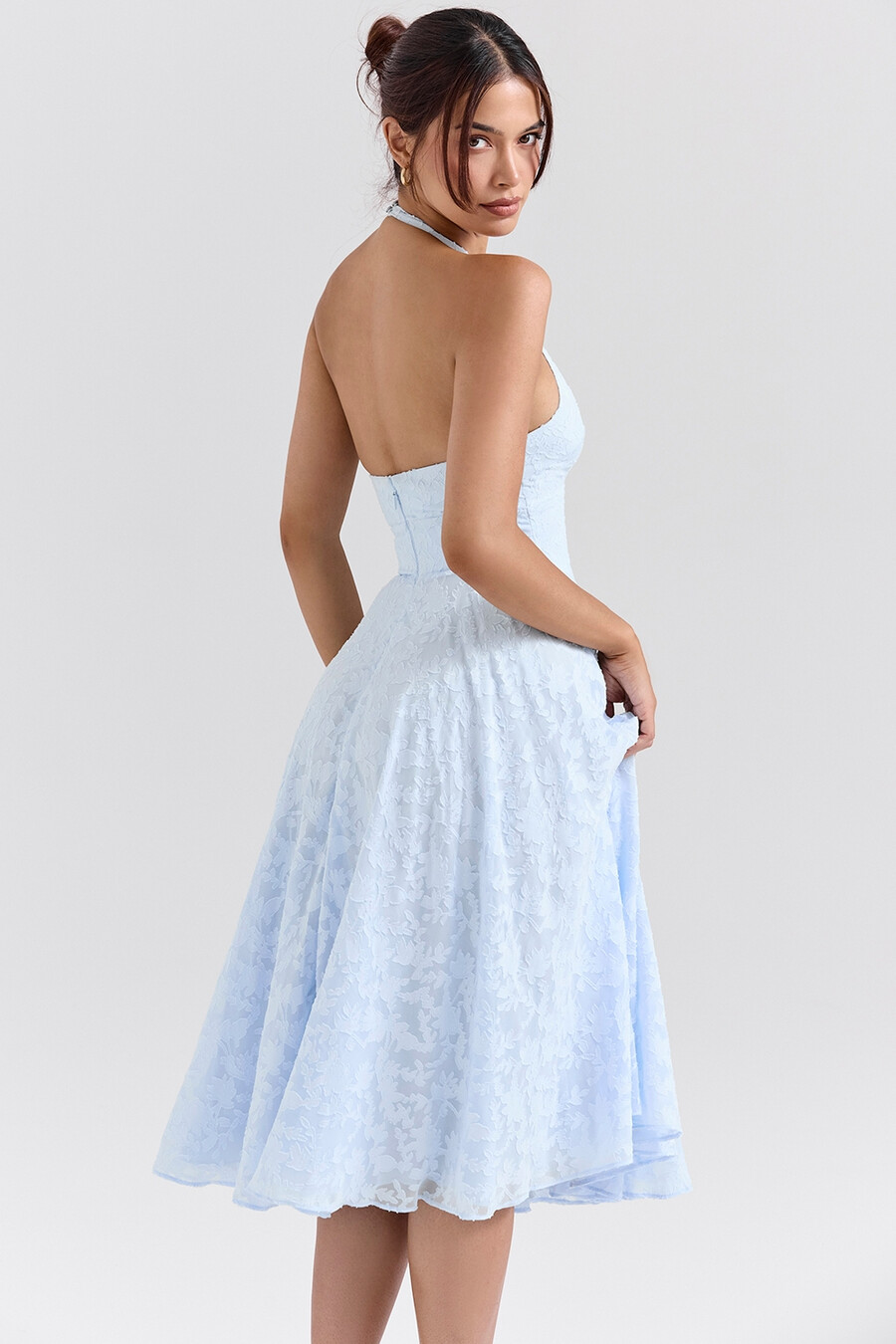 abito midi con scollo allamericana in jacquard floreale bluebell