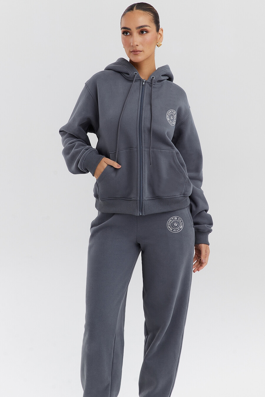 felpa con cappuccio e zip in ardesia