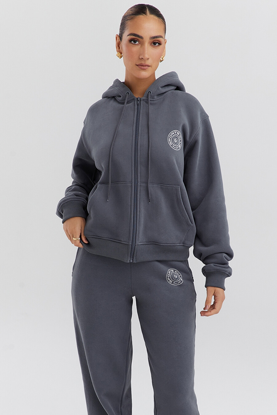 felpa con cappuccio e zip in ardesia