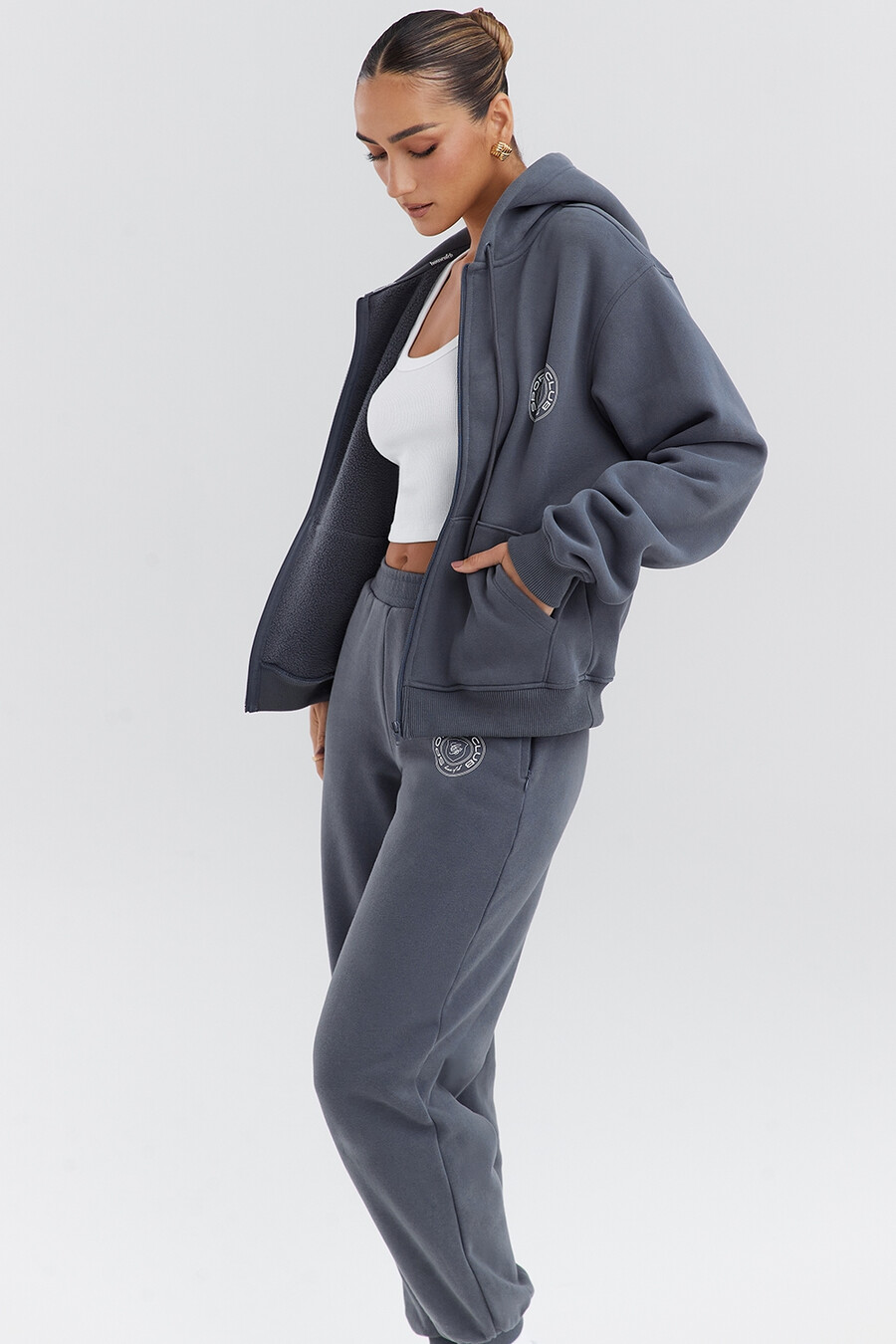 felpa con cappuccio e zip in ardesia