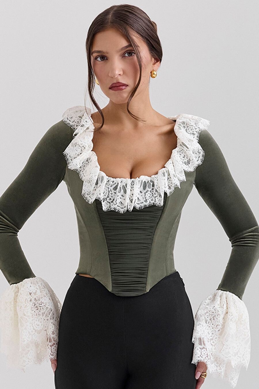 top corsetto con pizzo in velluto verde foresta