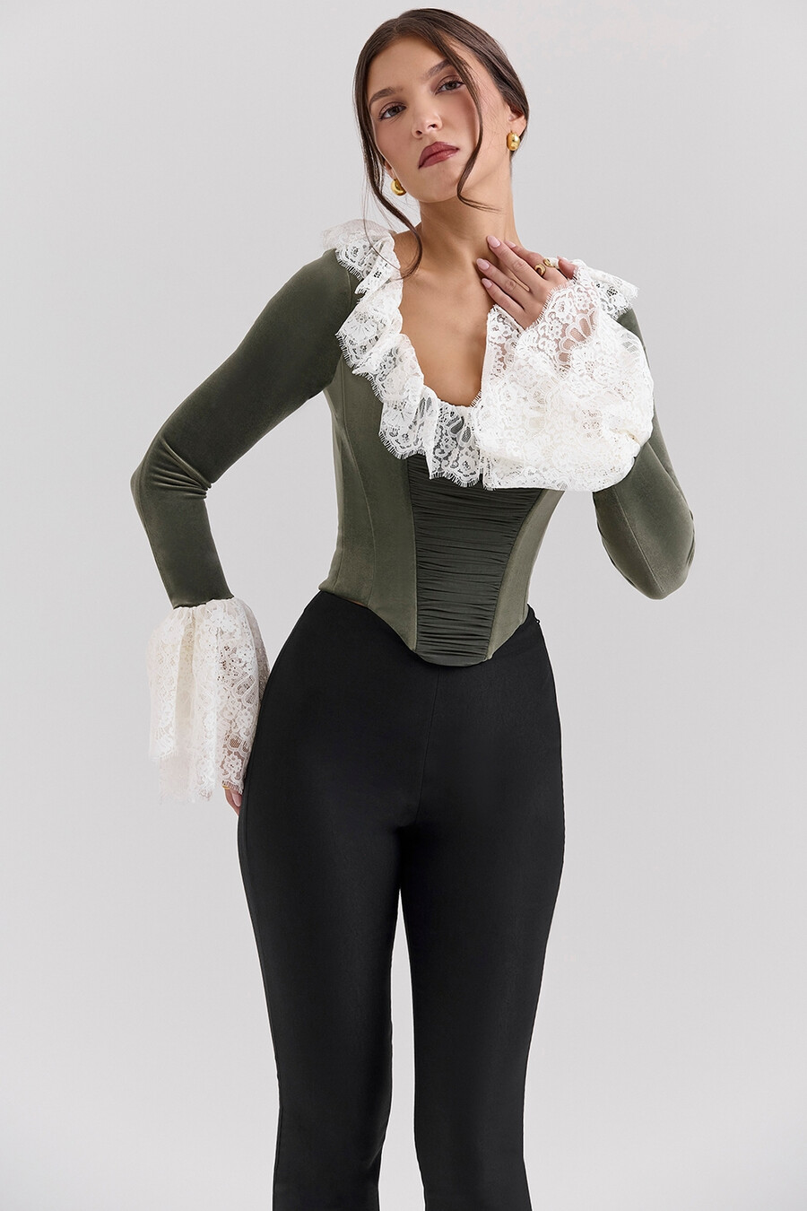 top corsetto con pizzo in velluto verde foresta