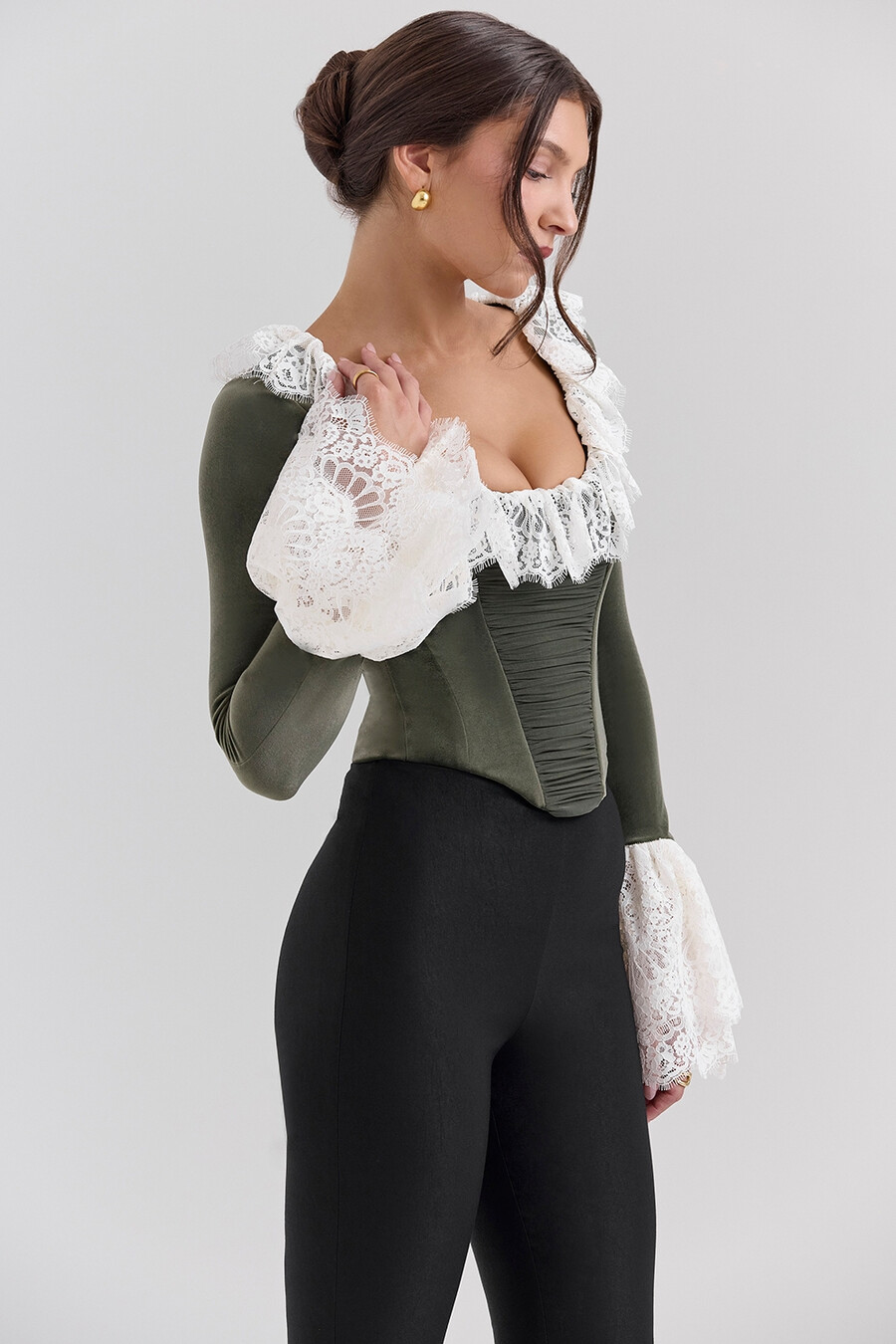 top corsetto con pizzo in velluto verde foresta
