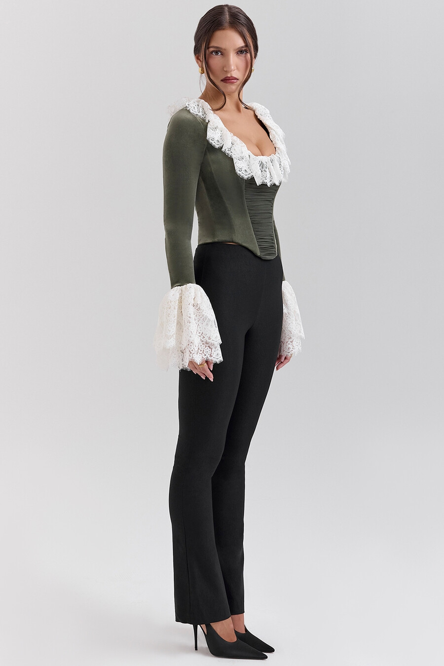 top corsetto con pizzo in velluto verde foresta