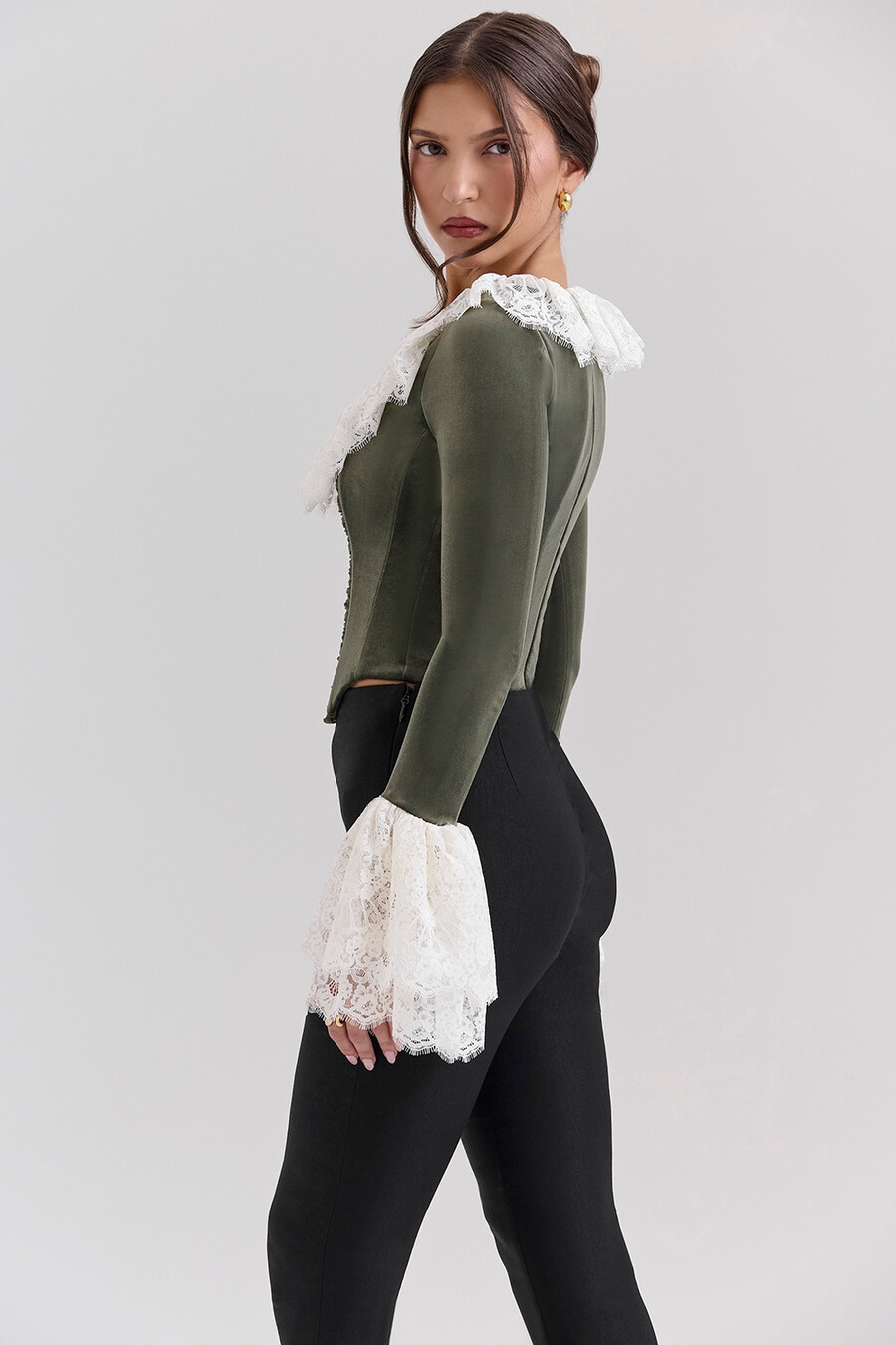 top corsetto con pizzo in velluto verde foresta