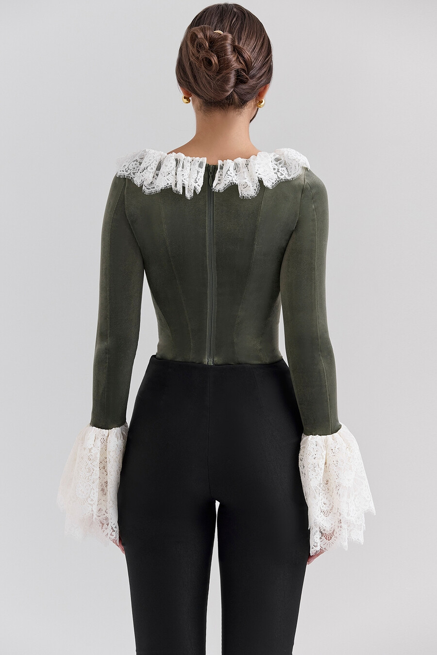 top corsetto con pizzo in velluto verde foresta