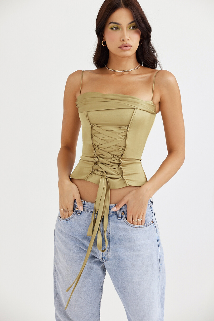 corsetto in raso oliva con lacci