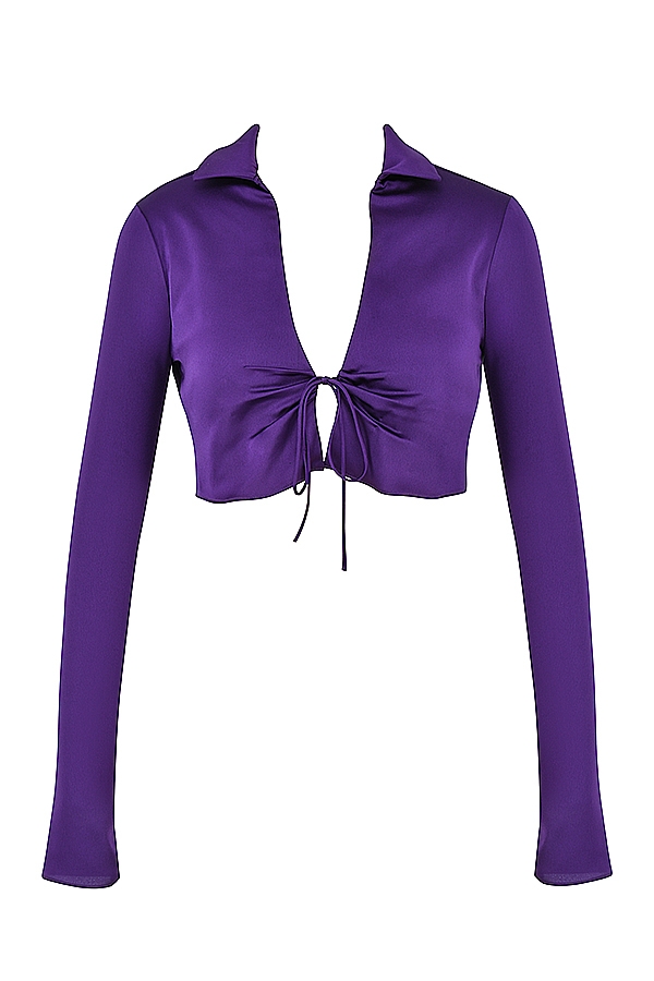 top corto in raso color uva con nodo sul davanti