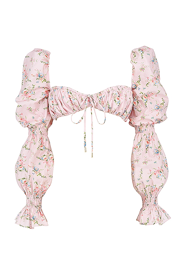 top bralette arricciato con stampa floreale rosa