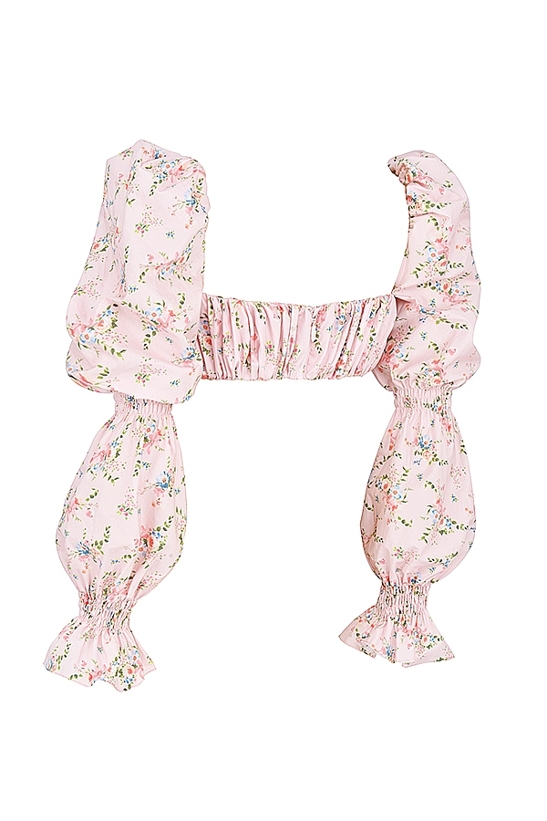 top bralette arricciato con stampa floreale rosa