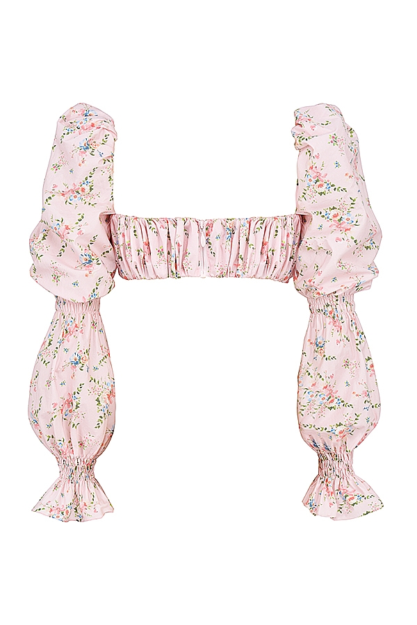 top bralette arricciato con stampa floreale rosa