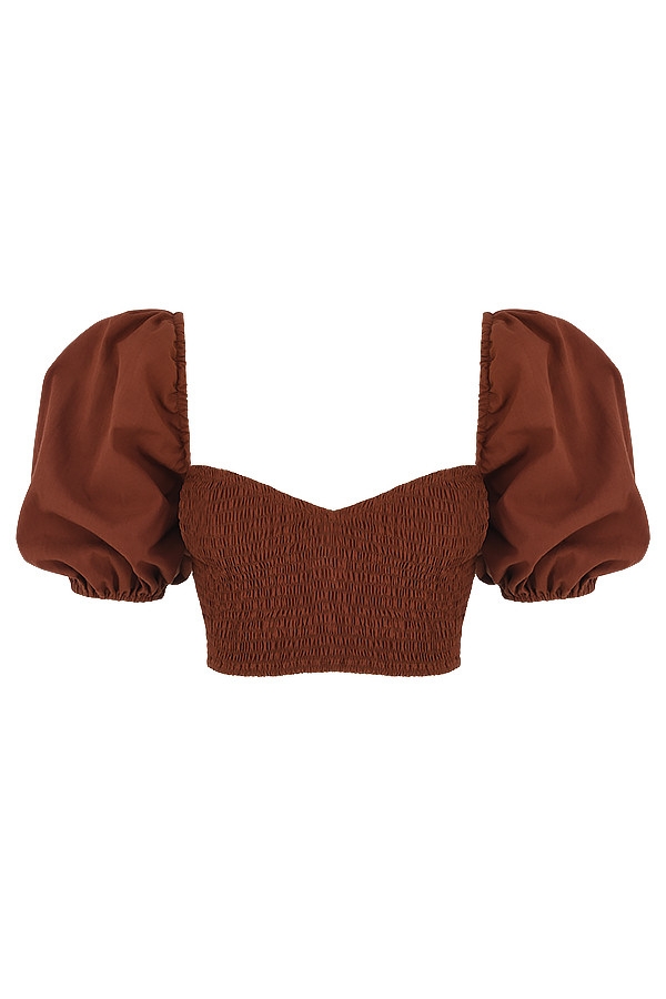 top corto con maniche a sbuffo color cacao