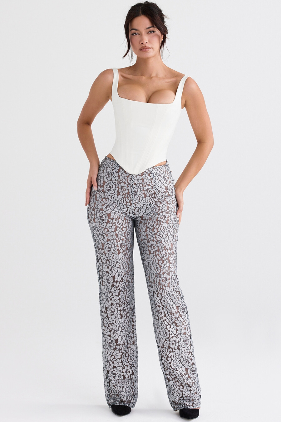 pantaloni in pizzo metallizzato argento