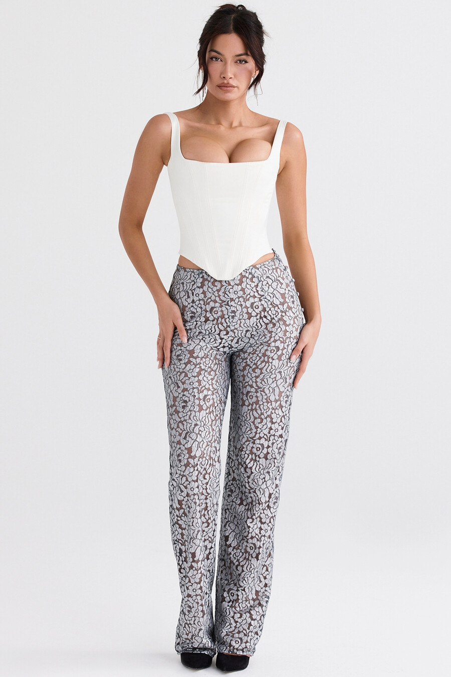 pantaloni in pizzo metallizzato argento