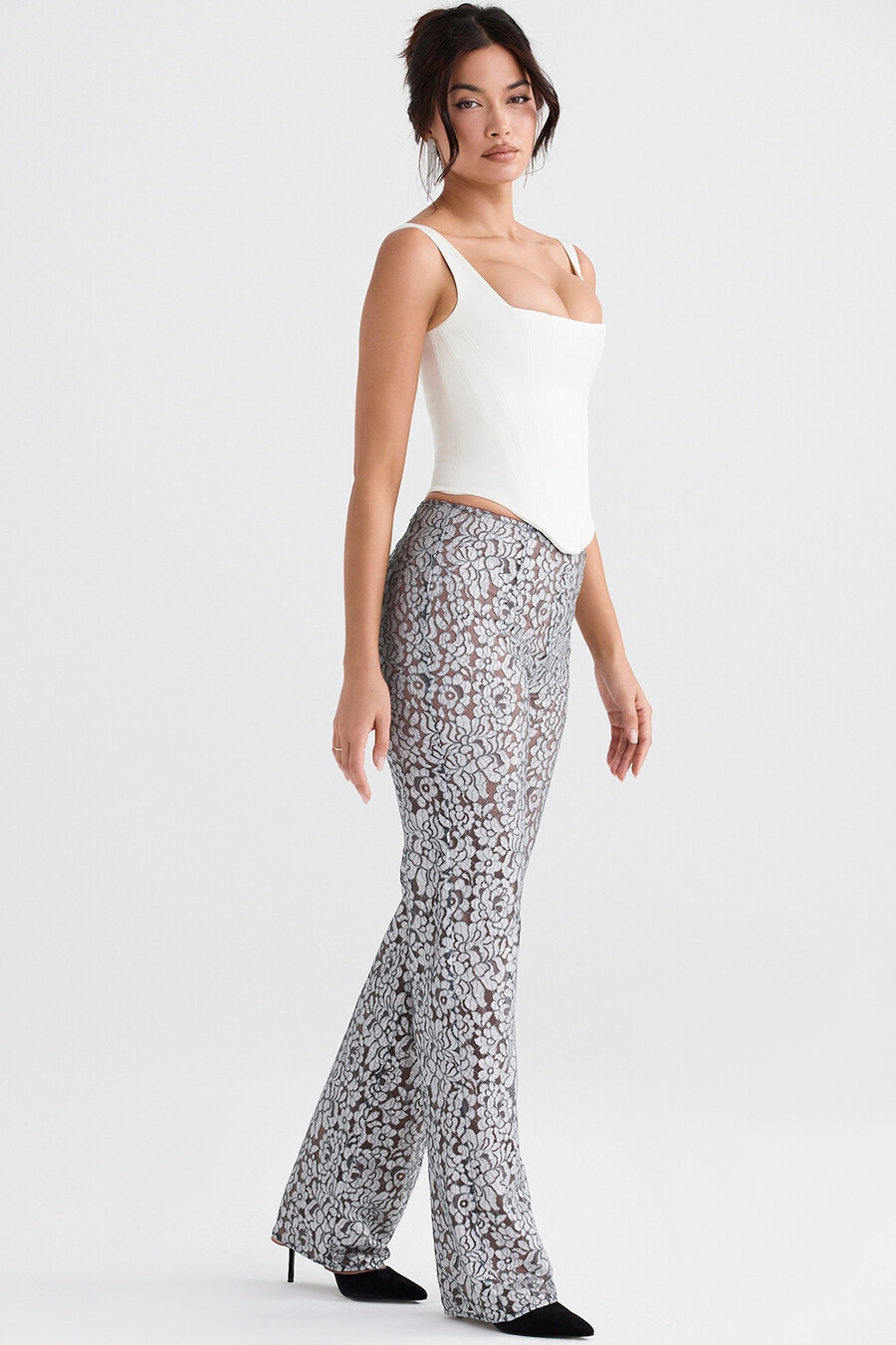 pantaloni in pizzo metallizzato argento