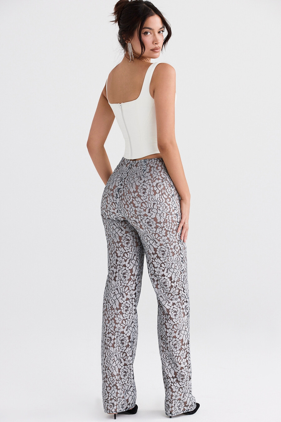 pantaloni in pizzo metallizzato argento