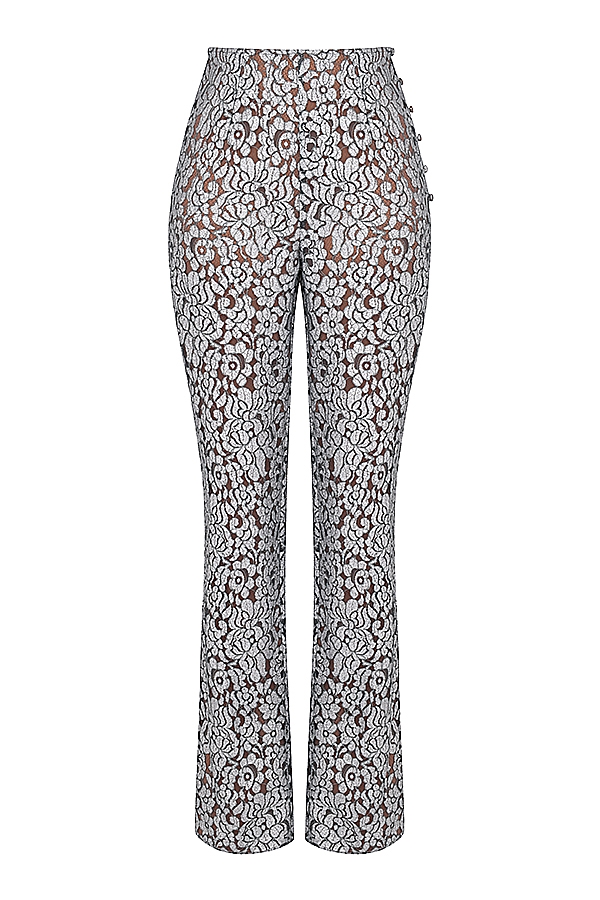 pantaloni in pizzo metallizzato argento