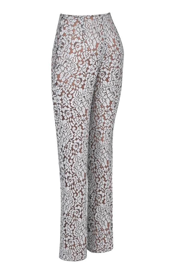 pantaloni in pizzo metallizzato argento