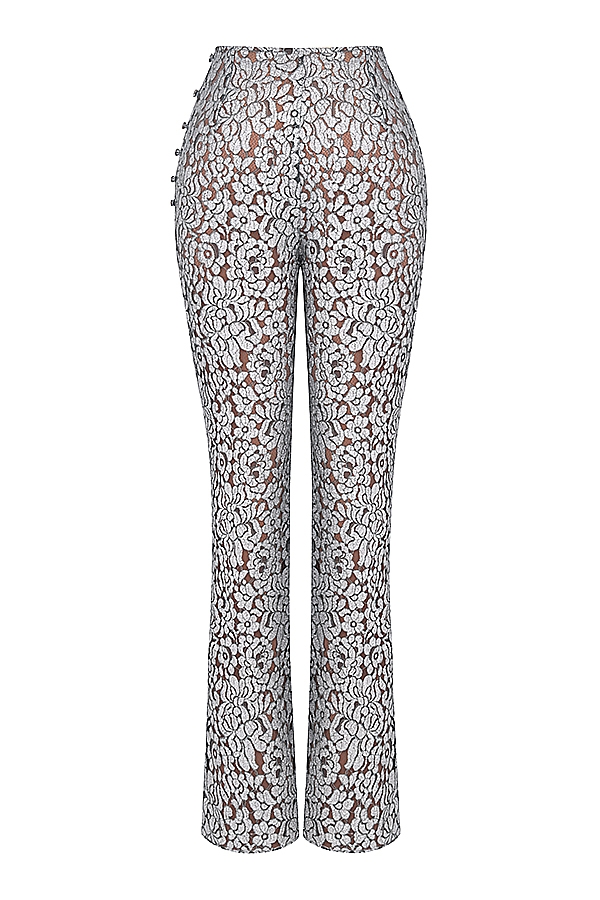 pantaloni in pizzo metallizzato argento